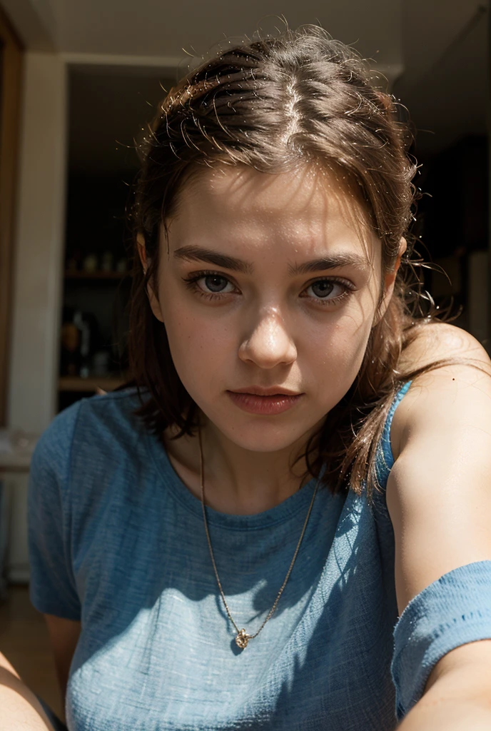 RAW UHD format、Crystal Clear、nsfw,(Real photo)、18 year old blonde photo (blue eyesをした美しい女の子), (Well-trained body、Get six-pack)、healthy beautiful girl、Droopy eyes、blue eyes、(((very small breast bulge)))、 very unreasonable、highly detailed shiny eyes、super high quality, sharpness, Shallow depth of field, Crystal Clear, Cute face, The background is blurred,Fine skin pores , intricate eye details、Fine skin、((short hair))、((No makeup))、((freckle face))、high school girl、So ridiculous、(((High School Uniform)))、