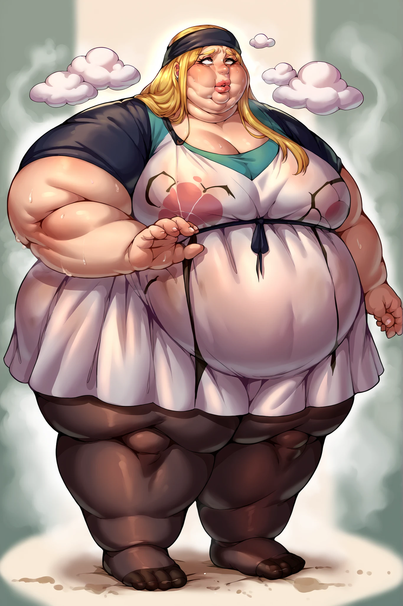 score_9, score_8_up, score_7_up, source_anime BREAK 1girl, solo, chihayap5, very long hair, blonde hair, headband, shirt, dress, black pantyhose, giant hands, giant feet, fat, chubby, obese, gigantic arms and legs, gigantic breasts, sagging breasts, full body shot, fat face, chubby face, double chins, big lips, swollen lips, sweating, sweat stains, steam clouds, grease stains, flustered, swollen face, Fat_neck , Fat head , eyes with crushed cheeks , nose with crushed cheeks , mouth with crushed cheeks , chin roll,