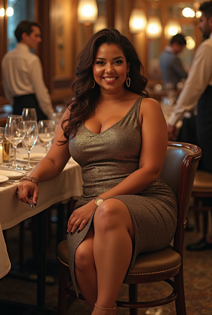 UHD,ultra high resolution, photo realistic 1.4  A glamorous young African american lady who is 26. She has long straight brown hair, carmel, brown skin. Her eyes are hazel brown. Her body is chubby, curvy, plus size body. She is wearing a dress. She at the restaurant, sitting smiling. 