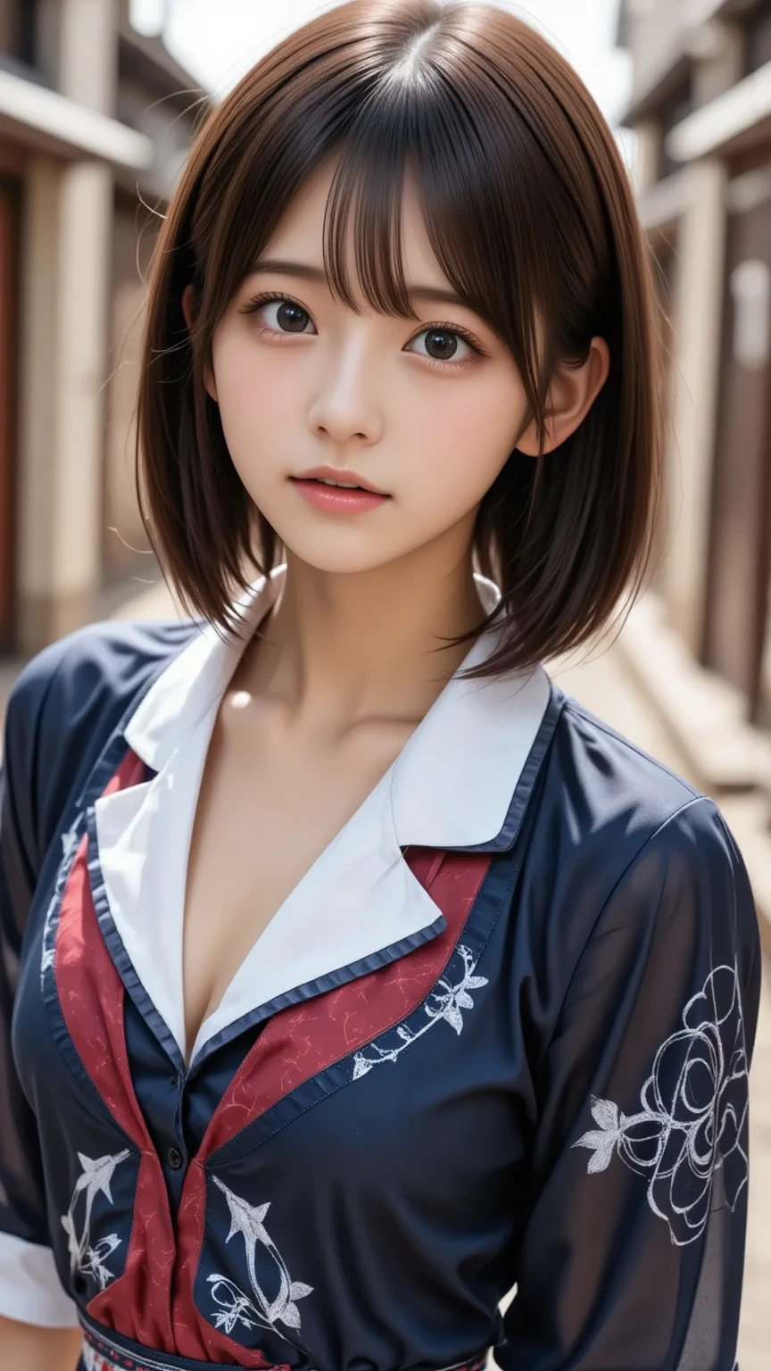 (Tabletop:1.3), (8k, Realistic, RAW Photos, Highest quality: 1.4), Japanese, (One Girl), Beautiful Face, (Realistic Face), (Black Hair), Beautiful hairstyle, Realistic eyes, Beautiful attention to detail, (Realistic Skin), Beautiful Skin, Charm, Ultra-high resolution, Surreal, Very detailed, Golden Ratio,school uniform.blush、Bobcut、Loose and fluffy hairstyle、Drooping eyes、Emphasize the cleavage、Leaning Forward