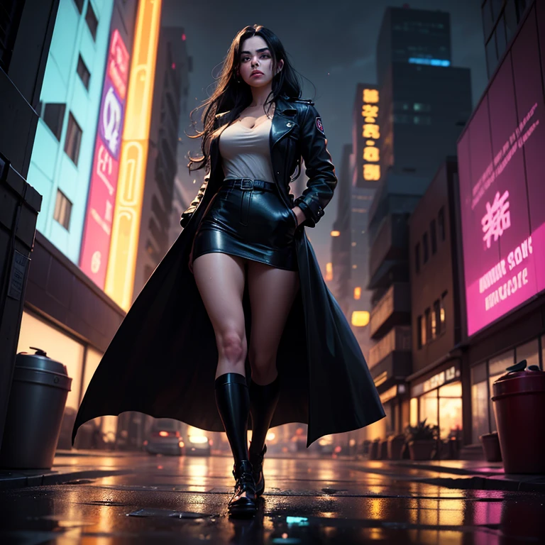 (((NSFW0.7))),Better Quality, Realist, Award-Winning Illustration, (Intricate details: 1.2), (Fine Detail), (Intricate details), (Cininatic Lights, Better Quality Backlight), Crisp Lines, Sharp focus, Official Art, unity wallpaper 8k, Absurd, unbelievably Absurd, Huge file sizes, Ultra- (in_main_two:1.21), (Neon lamp), Fantasy art, RTX,((triangle closeup photo by award winning studio )), 1 girl, so beautiful, (run away), small , ((two da cidade cyberpunk, Valkyrie)), Perfect hands, Beautiful and fine details, Perfect Face, (Cyberpunk Blouse, leather jacket, Martin boots) ,((Pleated skirt) ), ((Supermodel posture)),((Big Breasts)),(See through)