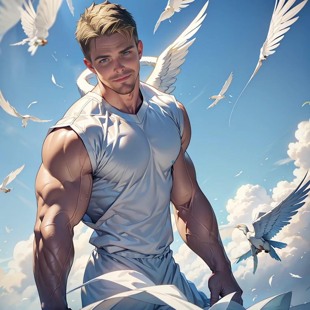 Clear background、Stephen AMELL,  A handsome tall man standing,He is 40 years old, mature hunk man ，Thin waist，The pectoral muscles are well developed, He is 175cm tall，Weight 72 kg、blue-green eyes,dark blond hair color、short hair, facial hair、Topless、underwear、looking into camera，Smile，Lots of falling feathers,Covered in transparent white sheets,pillow fight,,White feathers are floating everywhere, white birds flying around him