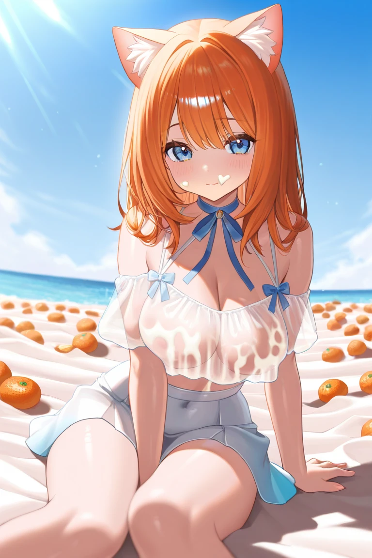(masterpiece,highest quality, detailed), One girl, alone, Lying on the beach,Point your feet at the camera,Tropical Resort,Ocean, coconut,whole body,bikini,Sweat, Ahegao, Roll your eyes, blush, naked、Orange Hair,Messy wavy long hair,open chest white shirt,A tight-fitting shirt、Big Breasts
