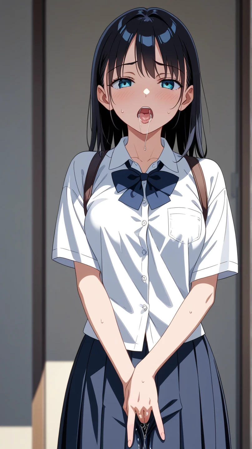{artoria pendragon_fate ubw:1.15},(((black hair:1.5))), ((beautiful dark blue eyes)), , ((Strong light )) , ((1 very tall girl:1.6)),, alone,((surprised eyes:1.7)), hair between eyes,,, bare shoulders,, cleavage, thighhighs, ((( very long straight hair:1.5 ))), ((torn wet T white shirt, see-through nipples:1.5)) , beautiful light, , close up face:0.2, detail navel , detail thin thigs, , ((sitting on blue liquid:1.6)), ((Legs trembling)),
trouble eyebrow, ((wet white panties:1.7)) , nsfw,(ecstasy:1.8) ,(slut:1.6),(vulgarity:1.7),(fucked silly:1.8),(steam:1.5),(wet:1.5),(trembling:1.5),(Turning the face side to side:1.5) ,(drooling:0.6),(sweat:1.5),closed mouth:0.8, wince,(orgasm:1.7), trembling:1.8, beautiful upper body, Beautiful body, beautiful character design, perfect eyes, Perfect face, expressive eyes, Turning the face side to side,(church:1.5),in the center of the image, official art,High Definition CG Unity, Perfect lit, bright_front_face_lit, ,(Highest_quality:1.0),4k,Super detailed, photograph, 8K, nffsw, High resolution, absurd:1.2, kodak portrait 400, film grain, Lens flare, (lively_color:1.2) (beautiful,small breasts:1.4), (beautiful_face:1.3),(narrow_waist),((blush)), ((detail nipple)),,saber, dress, pony tail