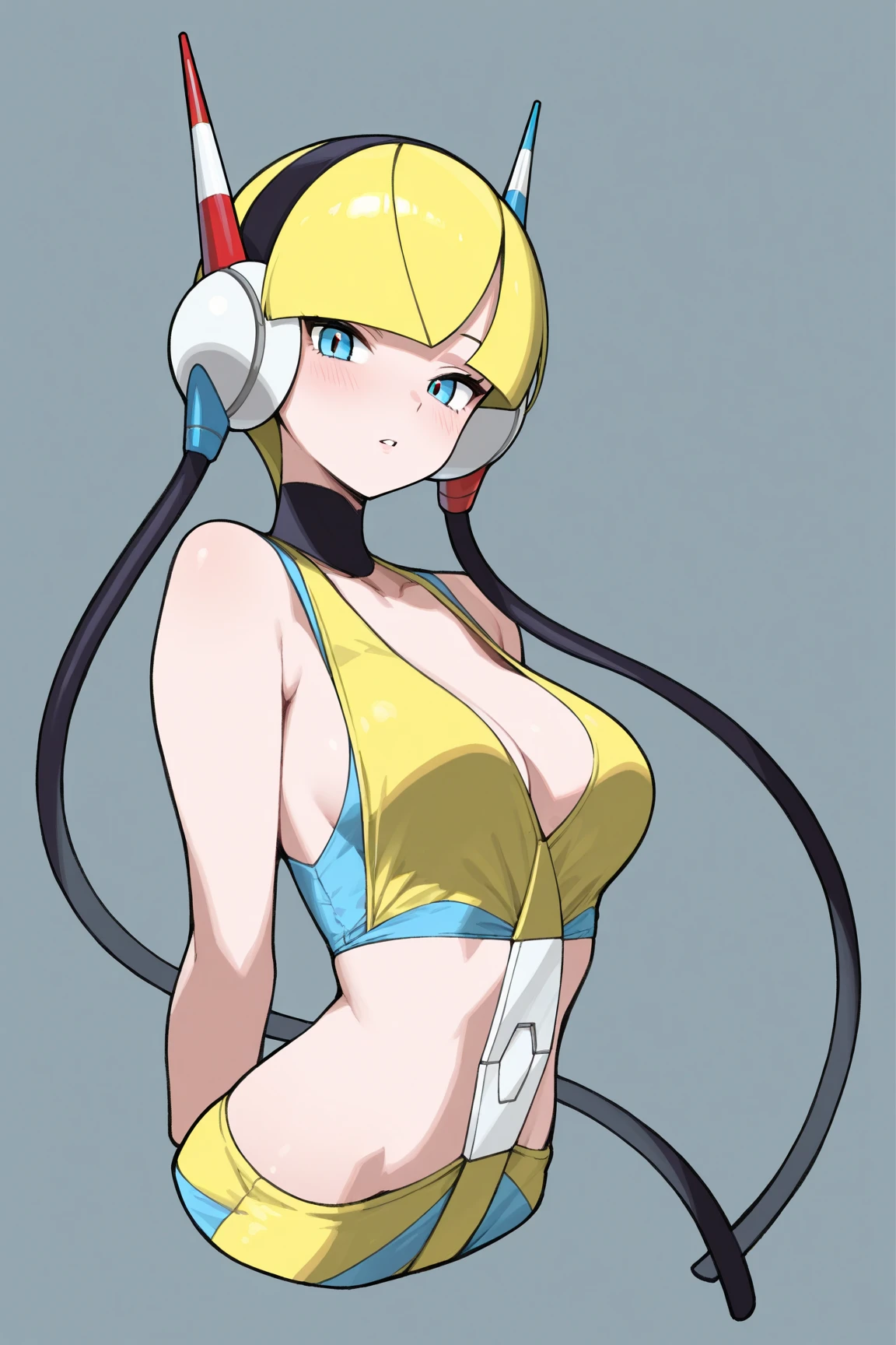 masterpiece, best quality, bw1elesa, blonde hair, short hair, headphones, (cables:1.4), choker, ((cleavage)), black and yellow dress, short dress, clothing cutout, navel cutout, sleeveless, pantyhose, looking at viewer, cowboy shot, runway, stage, spotlight, upper body, slight smile, ((underboob)), huge breasts, skindentation, sideboob
