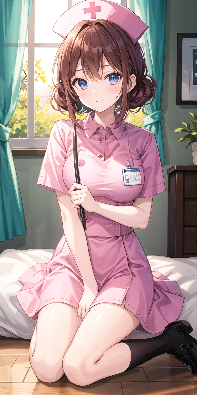 anime girl in a short dress sitting on a bed with a window, an anime drawing by Shitao, pixiv, serial art, nurse girl, with a stethoscope, doctor, (doctor), seductive anime girl, beautiful anime girl, attractive anime girl, 4 k manga wallpaper, (anime girl), 4k anime wallpaper, anime girl