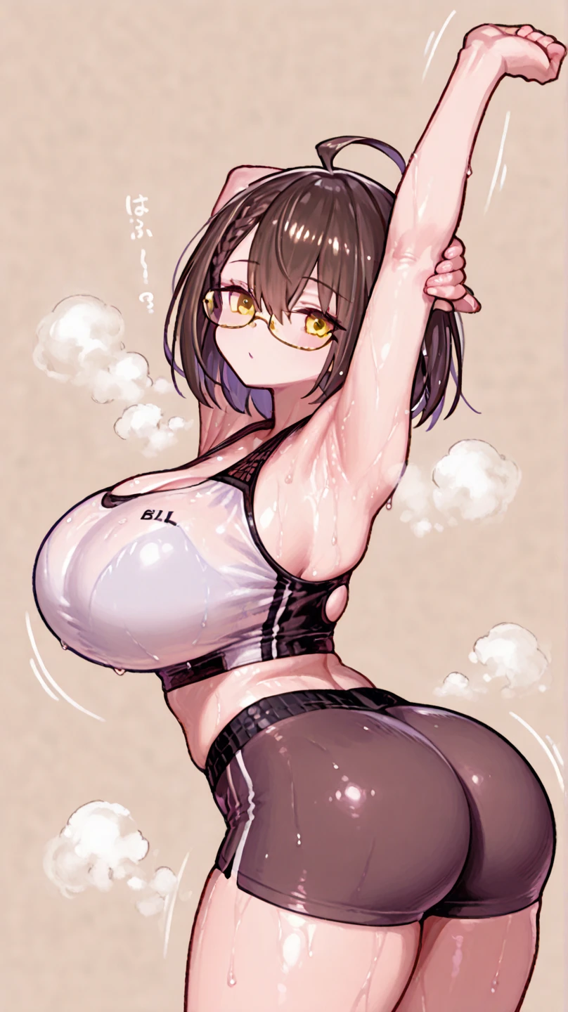 hiquality、16 K、NSFW、((huge chest head)),fatness、thick thighs ass、 (red eyes),(:D)、Short hair, (Black hair),(Arms behind your head),(Sweat)、(nipples are protruding)、((Pink leotard))、(white glove、white knee-socks)、Electronic space、Dynamic Angle、eye glasses、