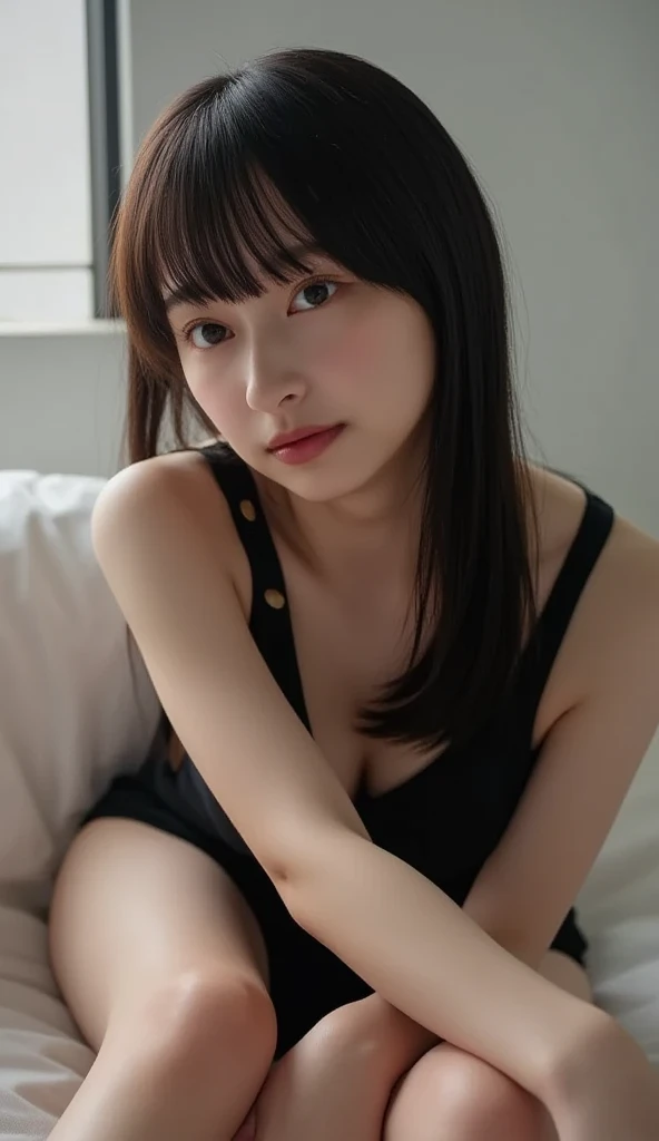 ((High-resolution image of a Japanese woman in a Seductive Lying Down Pose, positioned in the center of a softly lit bedroom or elegant living room. No other figures present.))