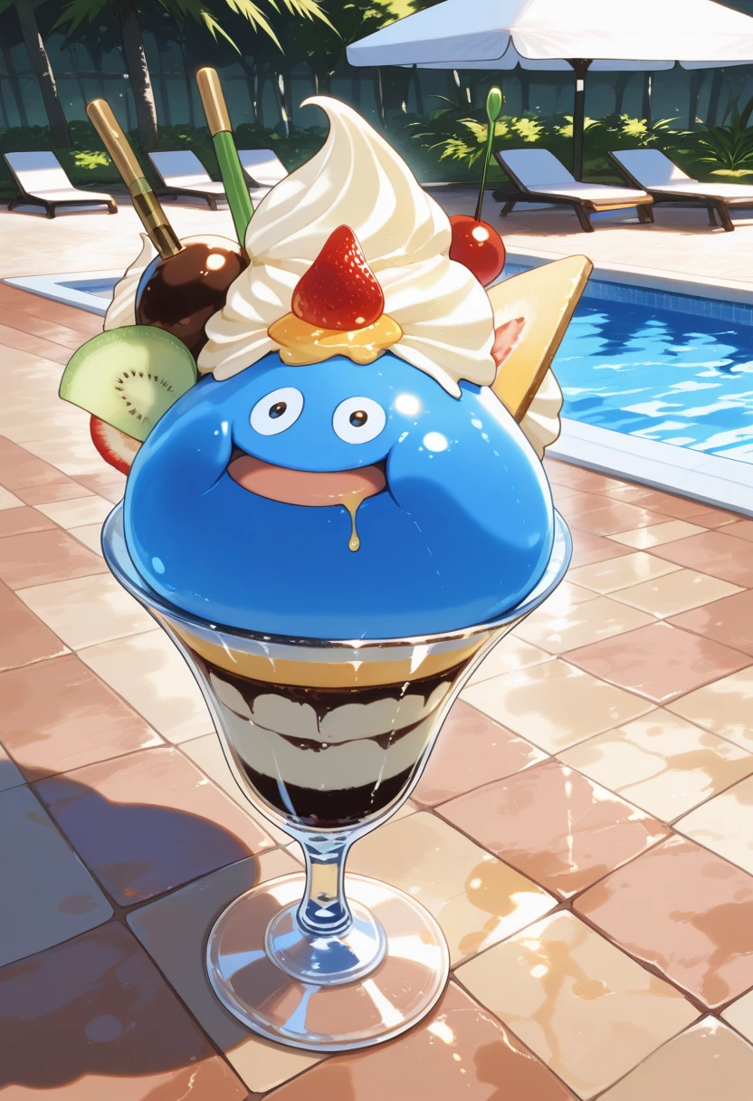 Ultra High Definition､Ultra High Resolution,masterpiece,king slime､pudding-colored skin、whipped cream and cherries on the head in a glass container,Slime turned into sweets､pudding a la mode､open your mouth, on the table､poolside､It's in a container