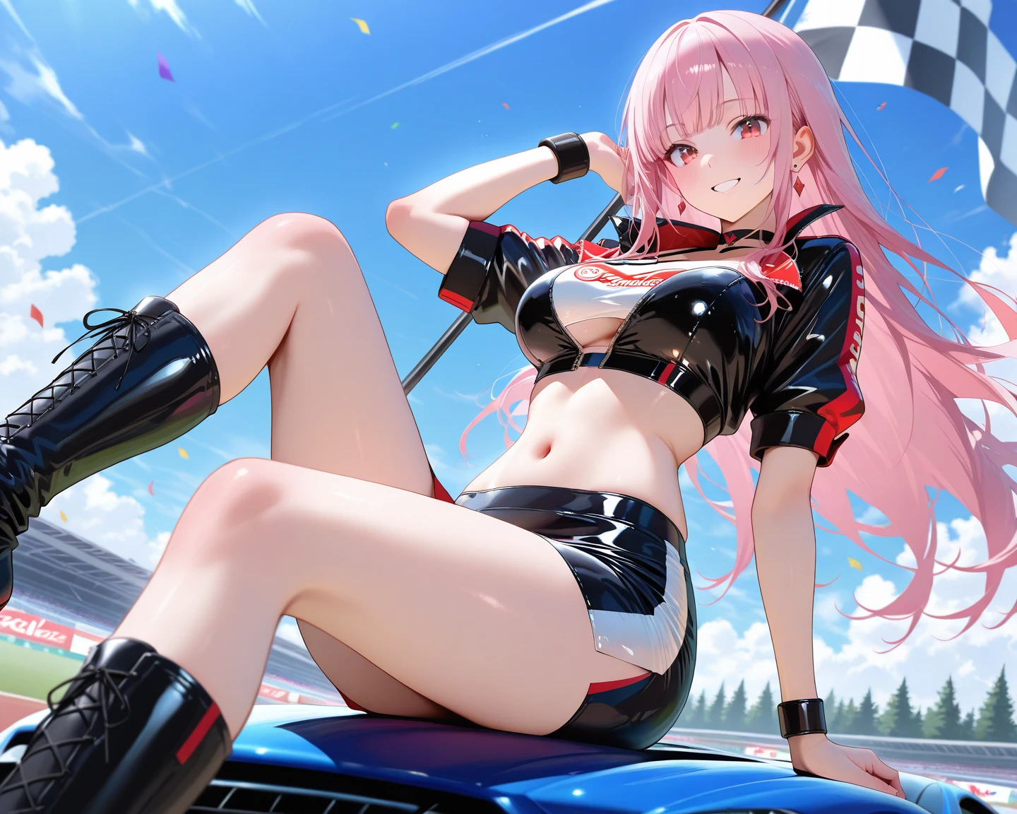 one-girl,I am,Pink Long Hair,mid - length hair,Loose hair,Short-sleeved game suit,tightsuit,black short skirt,purpleeyes,Smile gently,, Background with,Anime style 4k,Blue Long Sleeve Faux Denim Bomber Jacket,white shirt,Black vertical striped skirt,Short black socks,gray overboots ,Mitsukasa Ayase