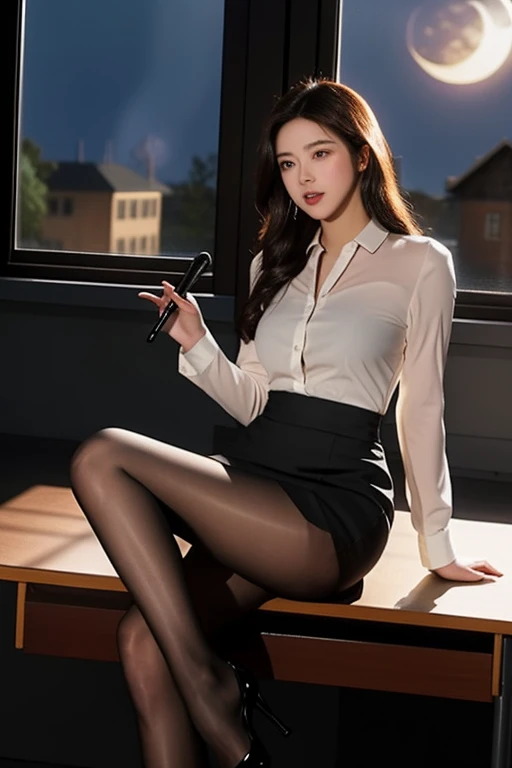 Classy upper class elite secretary in luxury silk blouse, Skirt and thighs、27 years old、height 162cm、Sitting on a chair in the office、Office uniform, (Glossy Pantyhose,Realistic pantyhose)、Working in the office、Wearing an ultra-thin satin blouse, Wear high-quality high heels、 Girl in blouse, Wearing an elegant blouse, When you wear a very thin blouse, Businessman, Blouse and skirt, Wearing a silk blouse, Wear a shirt and skirt, RAW Photos, (8K、Highest quality、masterpiece:1.2)、(Intricate details:1.4)、(Photorealistic:1.4)、Octane Rendering、Complex 3D rendering with ultra-detail, Soft studio light, Rim Light, Vivid details, Super Detail, Realistic skin textures, Face in detail, Beautiful details in the eyes, Highly detailed CG Unity 16k wallpaper, compensate, (Detailed Background:1.2), Exposed thighs!!!Erotic~!!!!