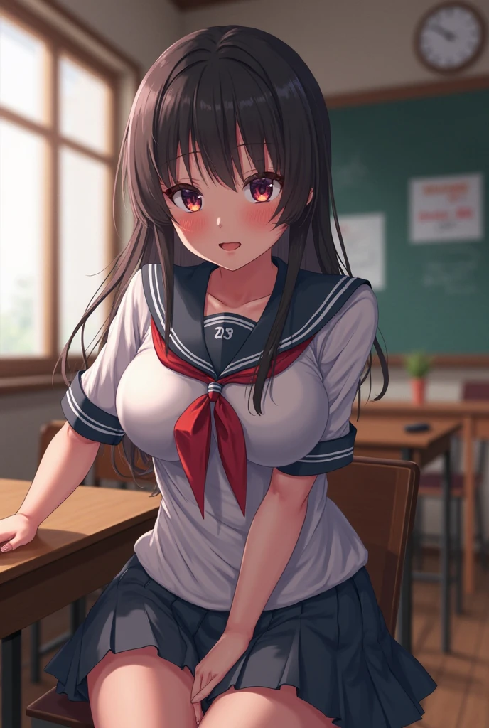 Highest quality、High resolution、Detailed Background、(Beautiful face in every detail:1.2)、Anatomically correct、(Detailed eyes:1.2)、Teenage beauty、(Highly detailed face)、(Huge breasts:1.2)、Cute hair colour、Bobcut、Braided Ponytail、Cute hairstyle、well-groomed eyebrows、Perfect body line、Short-sleeved white sailor suit、Pleated mini skirt、Hot midsummer day、
(A beautiful girl sitting on a chair in the classroom during class and fanning her skirt with a paperweight:1.5)、
The strong sunlight streaming in through the window enveloped the classroom in a muggy atmosphere.、The students slowly fan themselves while wiping away sweat.、Thirsty students asking for water、Students sitting down to take a break、Sharing a cold drink