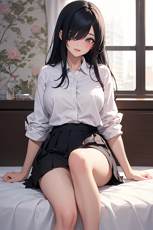 Boa hancock, 1girl, solo, ((white shirt)), black thighhighs, breasts, cleavage, uniform, office background, black skirt, pleated skirt, office, hair between eyes, large breasts, long hair, looking at viewer, black hair, red short nails, black eyes, solo, thighhighs, thighs, very long hair, ((masterpiece)), bed, bedroom, window, pillow, sitting, name tag, id tag, indoor, golden earing, short sleeve, office shirt top,