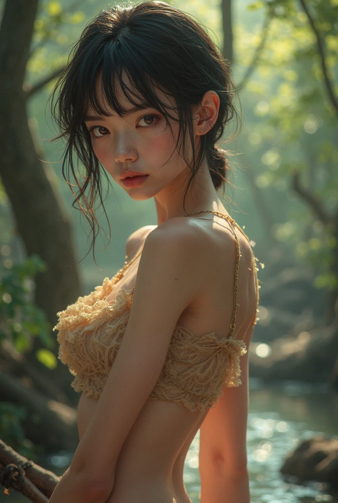 (ultra realistic) , (illustration), (increase resolution), (8K), (extremely detailed), (best illustration), (beautiful detailed eyes), (best quality), (ultra-detailed), (masterpiece), (wallpaper), (detailed face), 1 girl, black straight hair, plump breasts, slender body, delicate details, in the dark, deep shadow, low key, pureerosfaceace_v1, happy smile, summer dress, rainforest