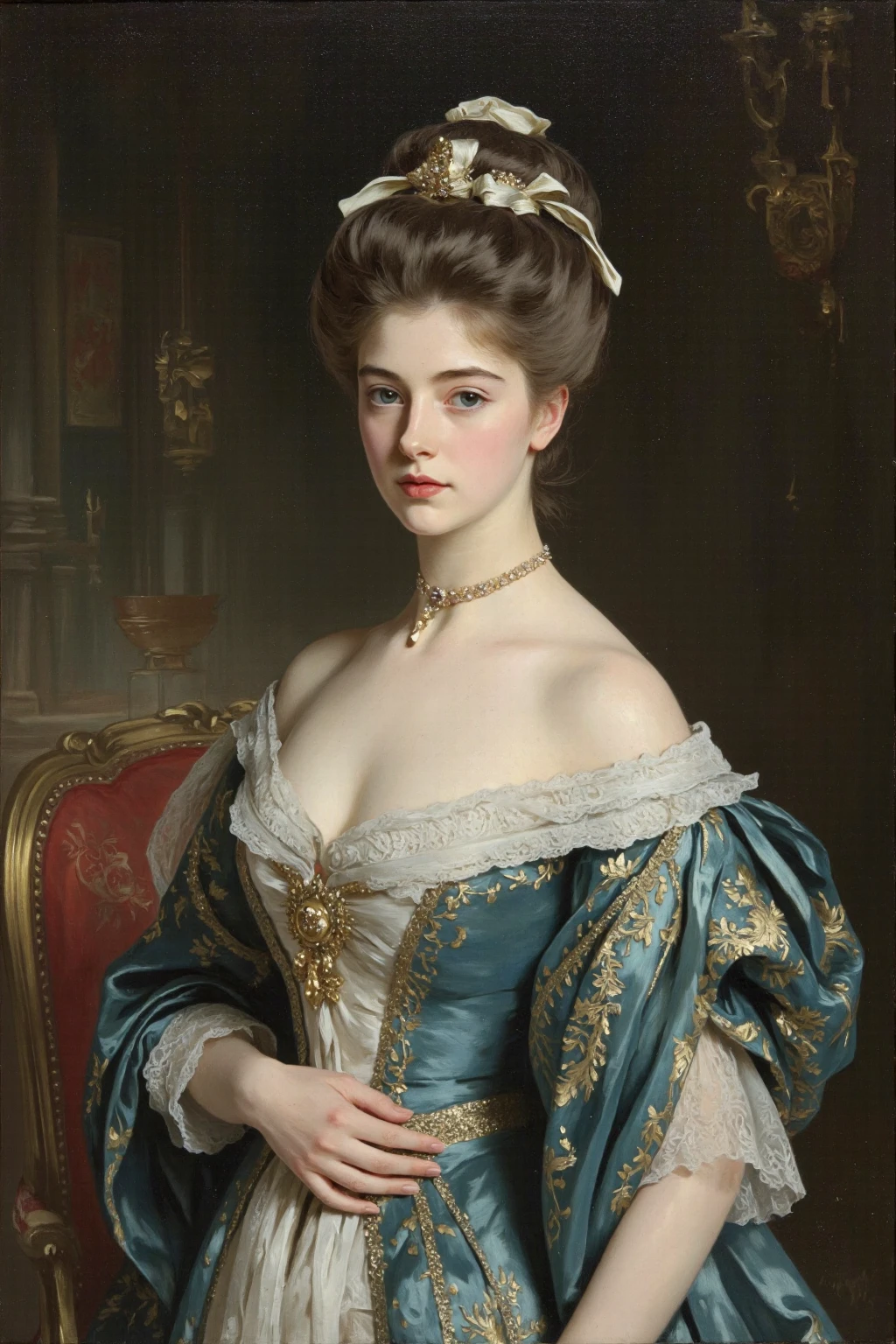 (full body:1.4), 18th century oil painting, Impressionism, sexy, revealing, beautiful mature 18th century noblewoman, emishaw-1100, luxury, elegant, in versailles, cold facial expression, lifts her chin with arrogance, seductive, lustful, dominant,
<lora:sharpen-soften:-0.5>,<lora:realistic:0.7>,<lora:more_details:0.25>,<lora:bichu-v0612:0.25>,