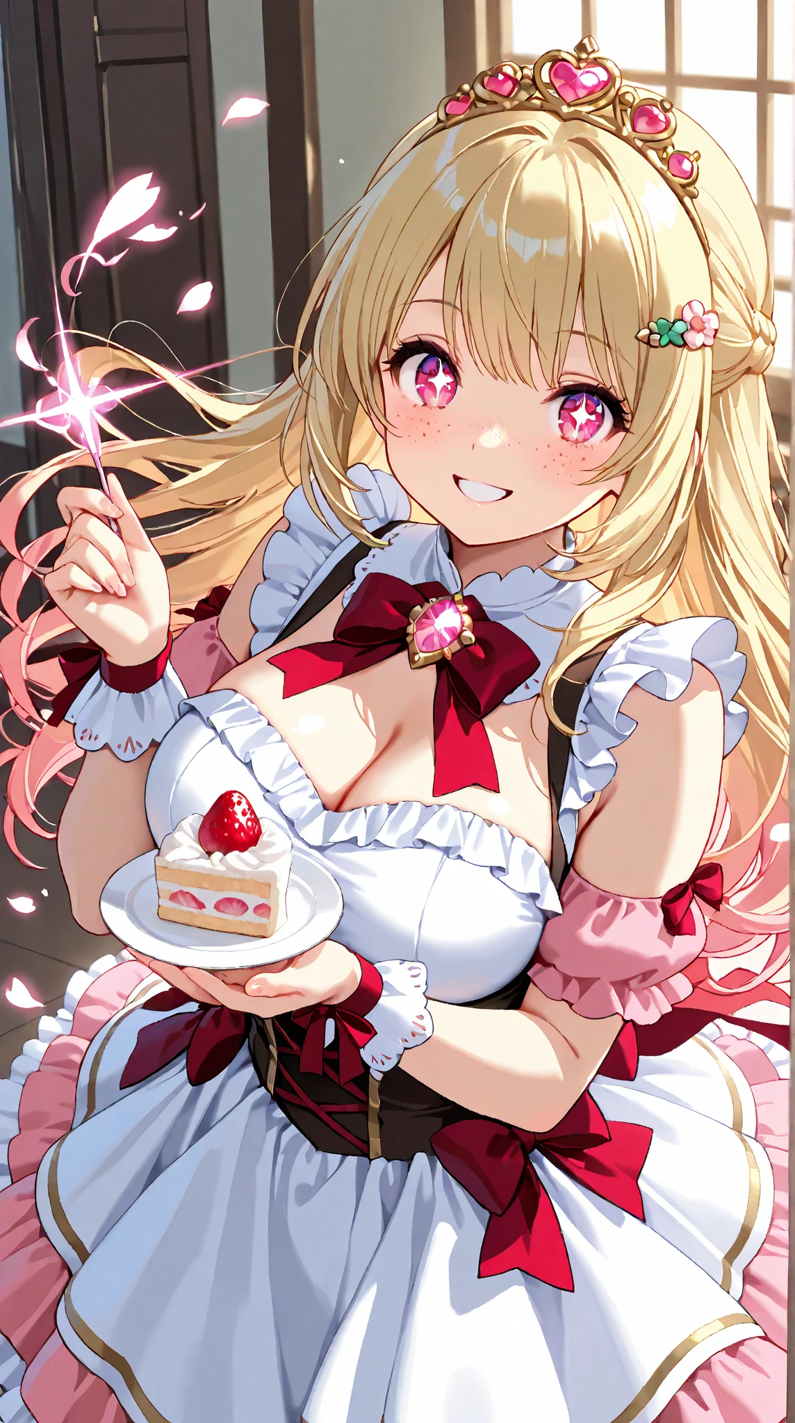 4K,One girl,A sense of depth,Confused,Capture the light,Very beautiful illustration,(((cake,heart,Hold in hand))),Valentine's Day,((Beautiful blonde,Two Side Up Hairstyle:1.3)),((Beautiful purple eyes:1.2)),;d,Beautiful, delicate, flowing hair,Emphasized breasts