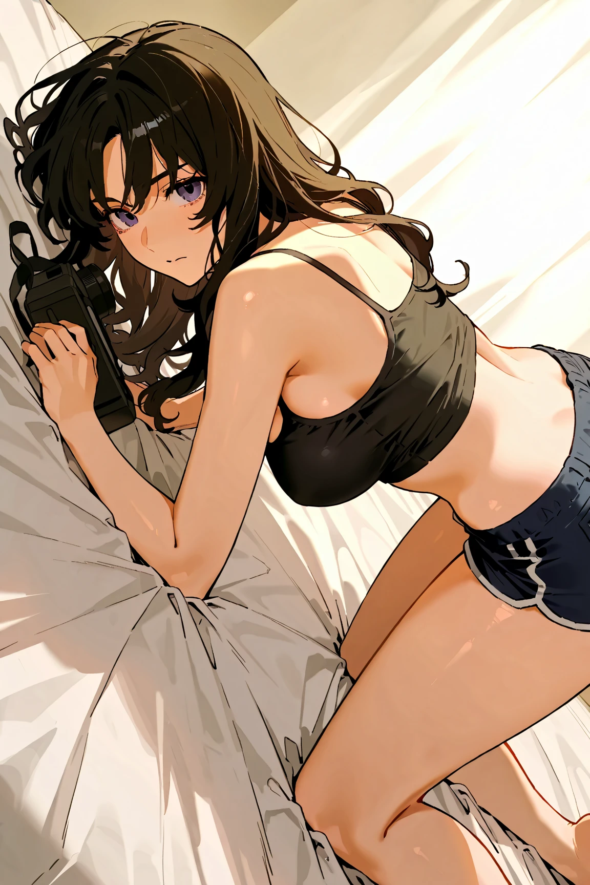  dark tanned skin anime girl wearing a bikini top and cargo pants, lying down in bed, hungry, rubbing her belly
