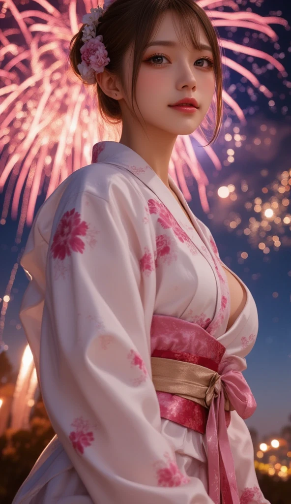 ((16K)),(masterpiece:1.3, Highest quality, Ultra-high resolution, Super detailed), (Realistic, photoRealistic:1.4),((nsfw:0.6)), Perfect lighting, Depth of written boundary, Browsing Caution, Surrealism,Face Light,(( large breasts)),Beautiful detailed hair,((Beautiful eyelashes)), Beautifully detailed face, Beautiful fine details, Beautiful body, thin脚,Beautiful feet, ((Detailed nails)), ((Beautiful fingers)), thin, 1 girl, 23 years old,Perfect Face, Long eyelashes,Perfect Anatomy, Supermodel with a long neck,((Skinny1.2)),(Perfect Anatomy,Anatomically correct, Highly detailed skin), ((beautiful girl:1.1)),(Mid-length hair:1.4, Wavy Hair:1.2, pearl pink hair) ,((With bangs)),Dainty facial structure,((Smiling happily:1.3)),((standing:1.2)),((hands up)),((facing viewer)),((wearing very elaborate (pink) yukata with traditional Japanese floral patterns)),Generate an image of a night sky with colorful fireworks being launched. The background should be filled with a variety of vibrant fireworks, creating a festive and celebratory atmosphere,Beautiful fireworks,((wide shot:1.4)),