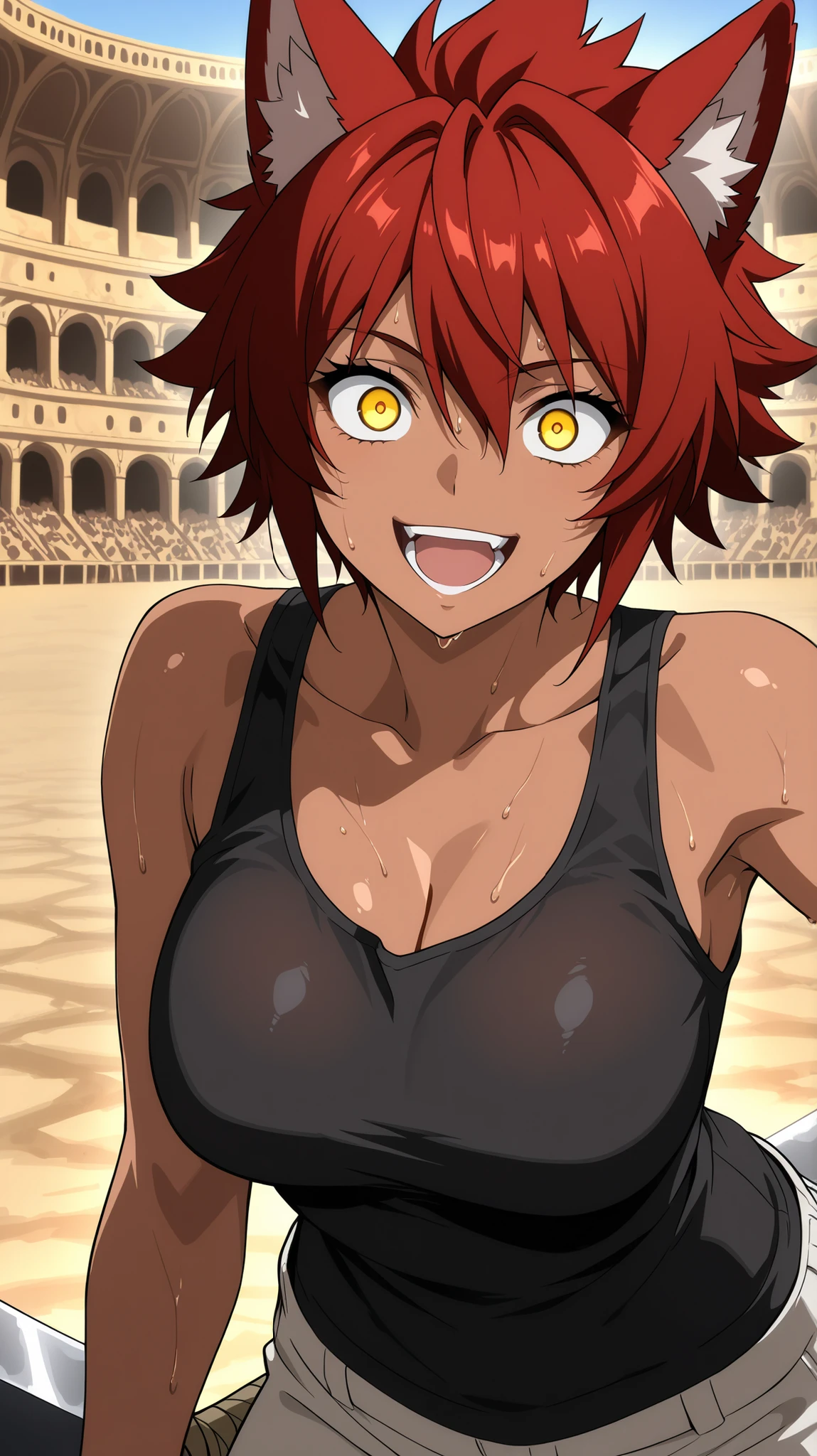 Wolf girl
High quality , best quality , masterpiece, High Resolution , anatomically correct,screencap,anime coloring
1girl,solo, Cool woman,adult, dark-skinned female
, red hair, short hair, yellow eyes,spiked hair,androgynous,large breasts, Wolf ears, black tank top,long pants, Sweaty
looking at viewer , close-up,upper body
, , arena, Medieval, Colosseum
, open mouth,crazy eyes,smile,huge Sword,huge blade focus