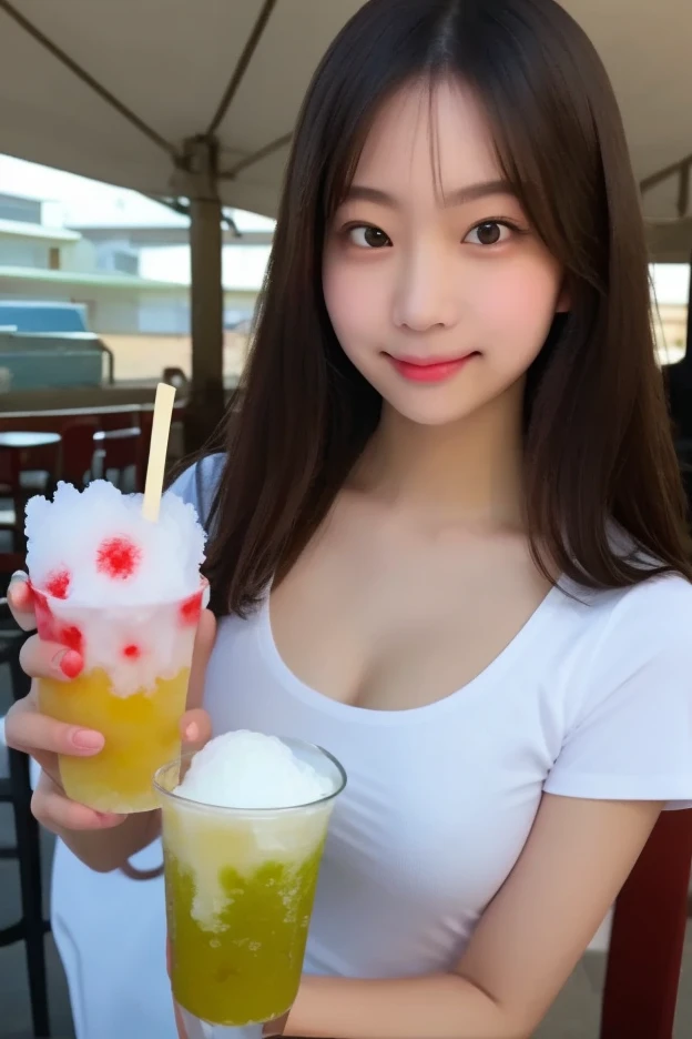 masutepiece, Best Quality, Illustration, Ultra-detailed, finely detail, hight resolution, 8K Wallpaper, Perfect dynamic composition, Beautiful detailed eyes,droppy big eyes, Sailor suit、bow,uniform,short Hair with bangs, mid-chest, Natural color lip, Random and sexy poses,Smile,(colorful shaved ice:1.45),(medium breasts,cleavage,slender waist,half body shot,cafe)