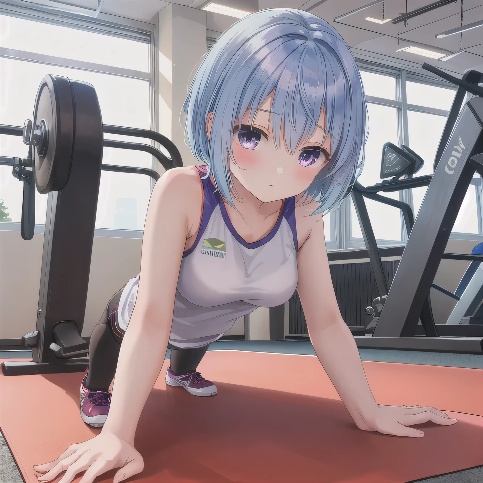 (masterpiece, best quality), 1girl, close-up face, (from front:1.2), (on all fours on the floor:1.2), (looking down:1.2), break girl, casual,Gym suit、Wearing a jersey、school gym、 (bra:1.2), breast gap, medium breasts, hanging breasts, downblouse,Nipples are visible、Not wearing a bra、Leaning forward、Silver hair, very short hair, slanted eyes, medium breasts（C Cup)-Pale blue eyes、、８K, highest quality, masterpiece, Ultra-detailed、full lips、、、Blushing、lipstick、Perfect hands、Detailed hand、、young face、、full lips、Pale blue eyes、、perfect hands、detailed hands,、Smile、smile、gymnastics matの上、gymnastics mat、Gym suit,Wearing a jersey、Wearing spats