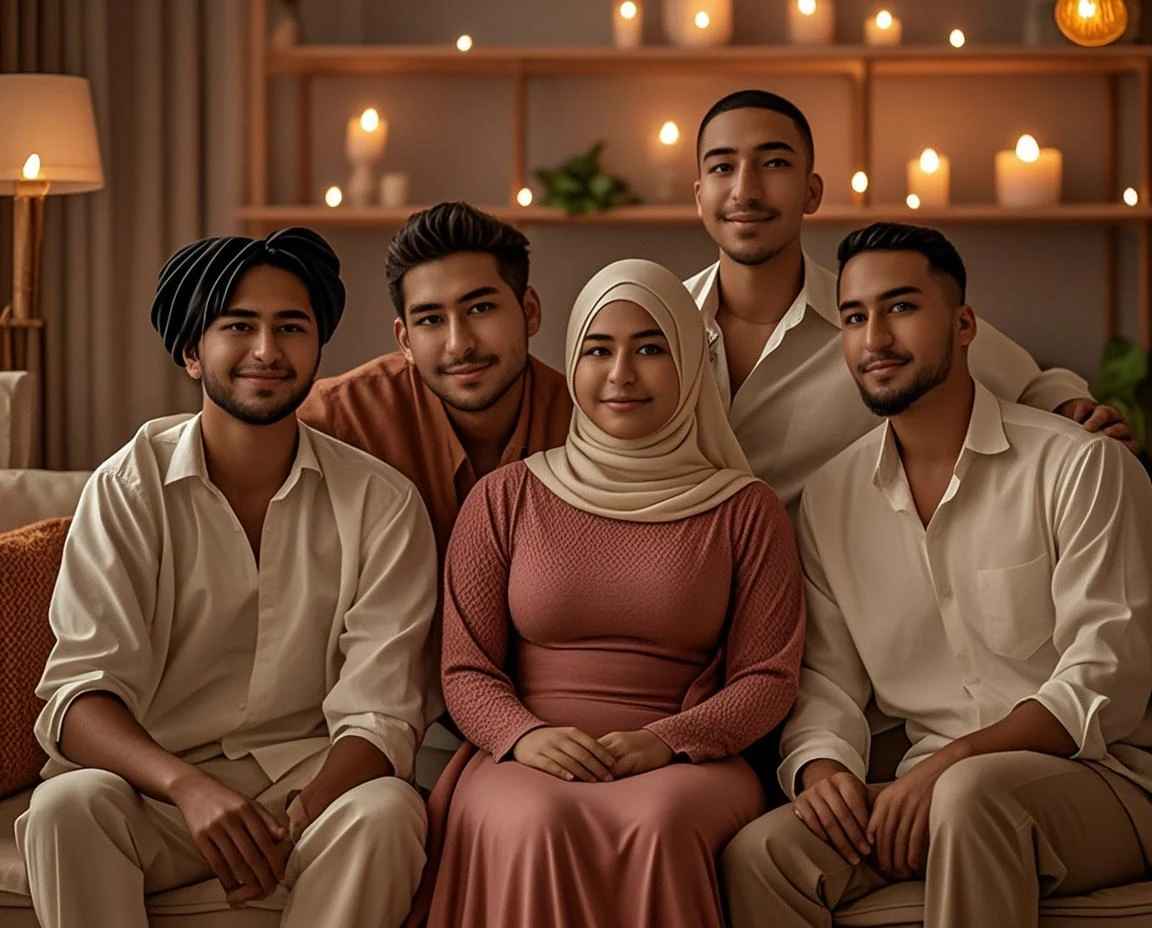 ((3 man wear jacket sitting), (2 hijabbed woman sitting), (1 hijabless teenage girl sitting)), casual fashion, happy expression, white skin people, indoor, extreme detail, masterpiece, 4k, adult 3D character, proportional, cinematic lighting