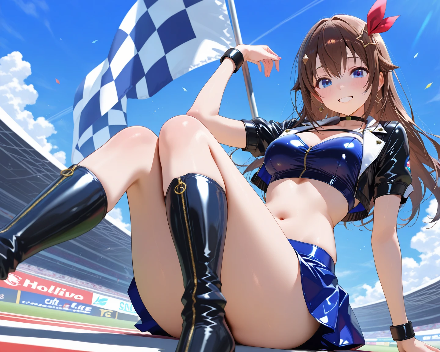 top-quality、lighting like a movie、 Race Queen Girl、racing venue、full of sweat、ssmile、(View from below:1.3),