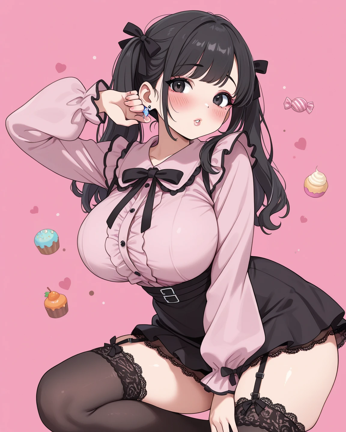 1 girl, small nose, very beautiful detailed face and eyes, bright colors, cute face, delicate beautiful face, Bright magenta eyes, cute eyes, sparkling eyes, Big eyes, (big breasts:1.3), (perky chest:1.1), (pointed chest:1.0), (cake magazine cover:1.3)，highest quality, WorKs of masters, High resolution,BlacK color hair，shiny hair, side ponytail,hair between eyes,bangs, (black jacket, real clothes, cleavage, black skirts, black thighhighs, thigh strap, fingerless gloves, single glove:1.2) , spread legs, panties shot, medium hips, glamorous body, white skin, smile, thin pubric hair, super beautiful face, Super beautiful eyes, Super beautiful hair，trendy outfit，sexy and attractive,full body esbian, Real World, Natural light,perfect Natural light,(with sparkling eyes and a contagious smile), This masterpiece is not only visually stunning but also tells, make of cake cooking , in the kitchen, open mouth, looking at viewer, 