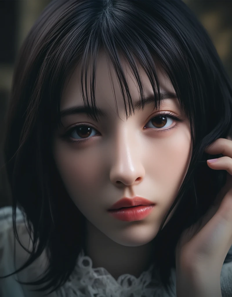 ((1 GIRL)) ((Hyper realistic 10k,asian girl)), ((Japanese)) (( physically mature female)) (( average sized breasts)), 25-year-old, ((super realistic anime girl)), ((short dark-haired)), ((windswept hair)) ((ultra high quality))((flawless))((4k UHD)) ((Best Quality)) ((Daytime)) ((eyes glowing yellow )), wearing a ((black long sleeve shoulderless, blank T-shirt))((no logo)) wearing ((blue jeans)) and black and yellow sneakers with (((blood splattered))) on it and her face, standing in the street ((facing front and center toward the camera, looking into camera)) in a ((ruined city)) filled with ((heavily damaged)) and worn (( tall skyscrapers with gaping holes in their structures while on fire)) and ((crushed vehicles on fire)) and small and ((raging fires all around)) and an ((intimidating)) look on her face, with a giant monster kaiju-beast in the distance looking furocious.