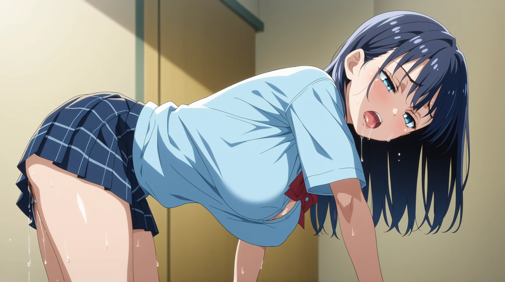 nagatoro hayase, blue skirt, cleavage, small breasts, (from below:1.2), blush, crop top, best quality, masterpiece, perfect lighting, panties, lifting her skirt with both hands