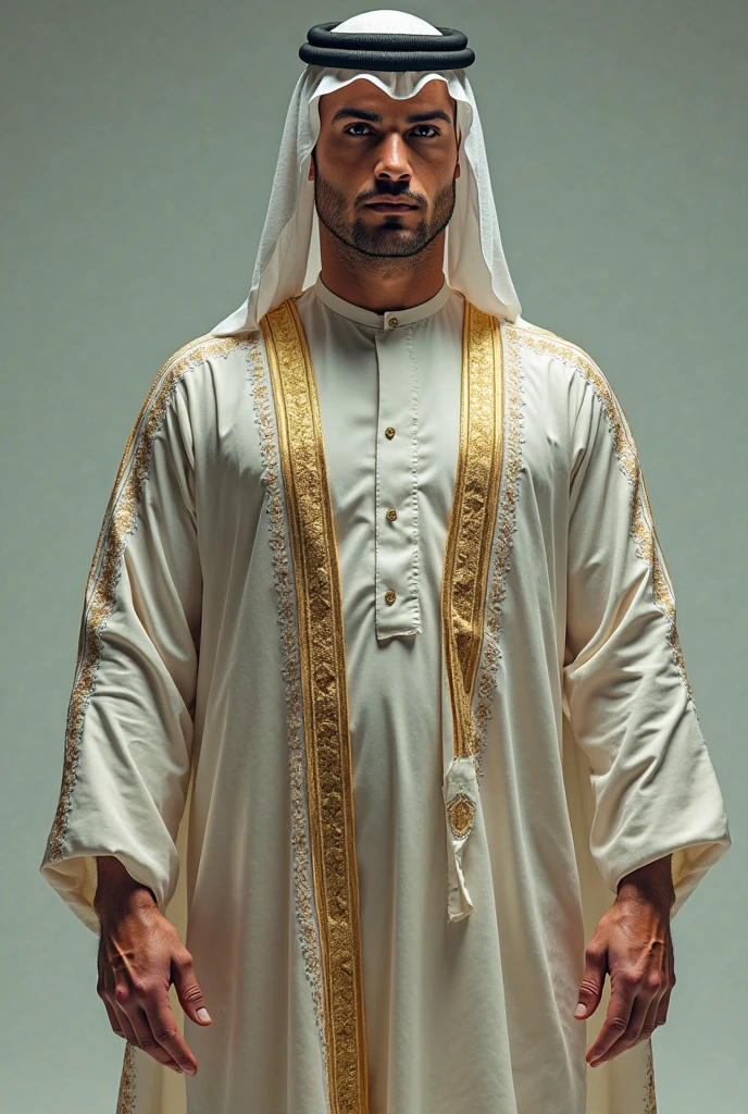 1boy, realistic, ultra quality, highly detailed <lora:Arab Style Real:0.75>, cap, arabe, bone, Kandoora with Igal, wearing a Tarboosha, Na â Aal, body, Kandoora
