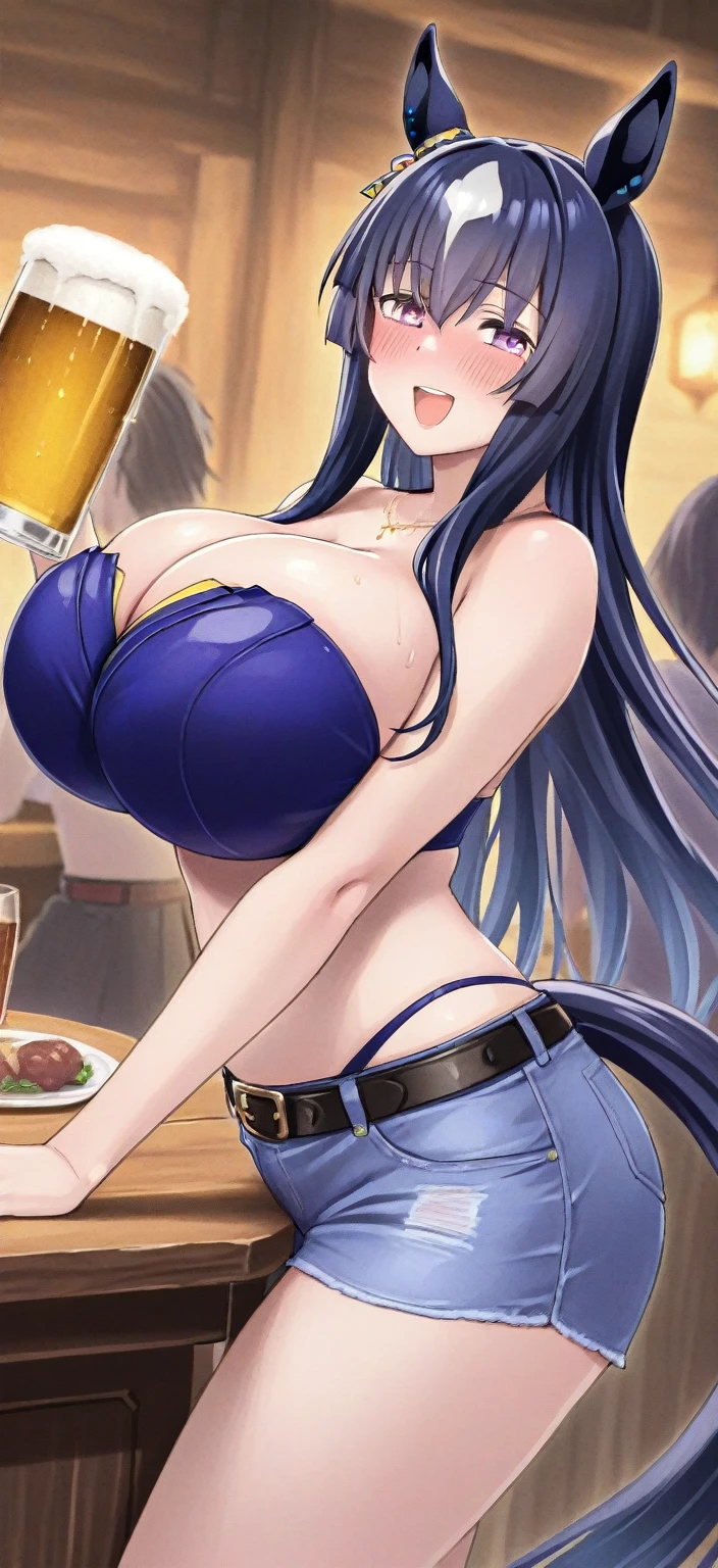 High resolution, high quality, 1 girl, anime girl, dark blue hair,ponytail,long hair,dull bangs, dark blue eyes,closed one eye,clenched teeth,[[pale skin]],Glossy skin, big breasts,beautiful breasts,(big ass),beautiful butt,pink high leg water wear,Squat showing your crotch,arm behind head,(lemon juice),(orange juice),(mango juice),(water),at the cafe,