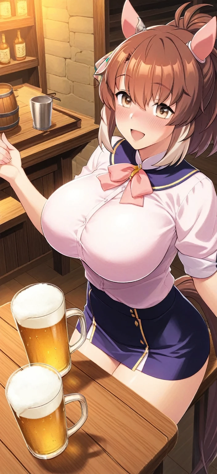 LeinaQuiron woman, breasts, blush, blue eyes, blonde hair, large breasts, cleavage, braid, hairband, armor, twin braids, side braid, short hair with long locks, buckle, shield BREAK (masterpiece, best quality:1.3), 4k, ultra-detailed, trending in pixiv, detailed background, detailed eyes, BREAK (in a medieval bar, surrounded by people:1.4), BREAK (cowboy shot, drunk, holding beer mug, raising mug, happy smile, ^ ^, closed eyes, :d:1.3), (light particles:1.2), (sweat, shiny skin:1.3)