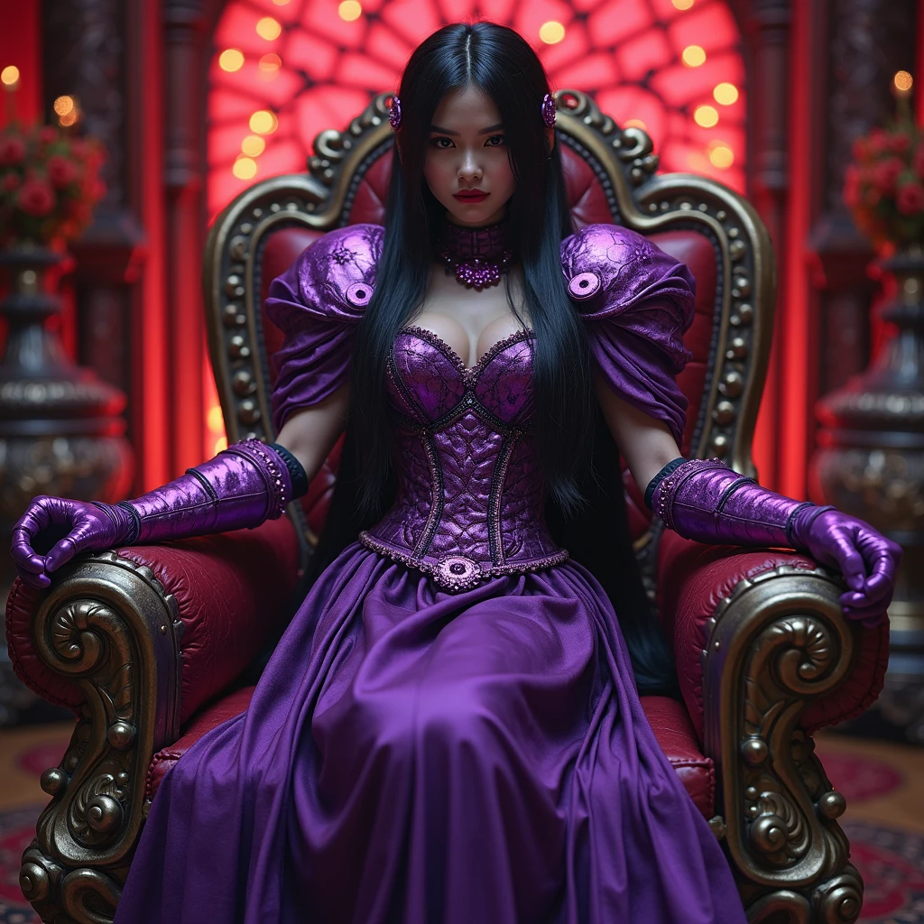 ((Best Quality, masutepiece, 超A high resolution、The most complex and detailed depictions)), ((One Beautiful Witch、perfect witch;Final form、evil dark wizard、creepy and beautiful costumes、Evil makeup、Purple lips、eyeshadows、very intricate gothic dress、the most luxurious and intricate decorations、black and purple evil giant dress、The most gorgeous and evil giant dress、the most gorgeous purple and black princess dress、has the most terrifying evil staff、disaster々very evil cane、A very lumpy and distorted cane、uses magic、use a dark spell、A thick magic wand over 1 meter long、very large and thick creepy cane、lumpy, evil shaped cane、the most luxurious and intricate costumes、evil witch complete costume))、((Take a photo from your lap、Perfect gas chamber、Evil smile、The background is an eerie medieval European castle、luxury gothic castle、majestic and huge castle、The most complex and detailed castles、majestic gothic castle、Photograph the entire exterior of the castle))
