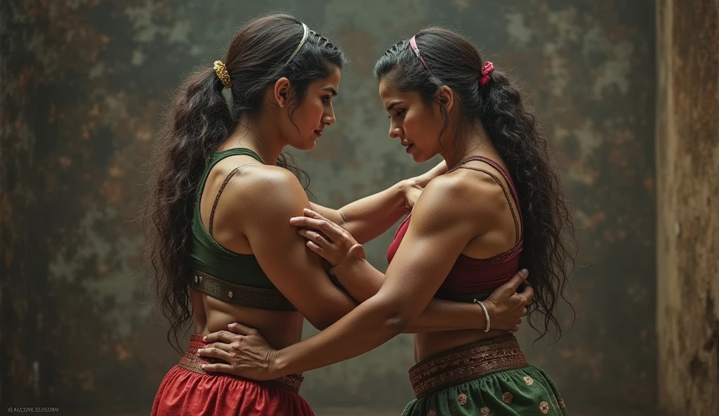 Two women both in saree with deep neck blouse with navel clearly visible. One woman in red saree and the other in green saree. Hair tied in pony tail. Both women pushing each other in hatred and trying to strangulate each other