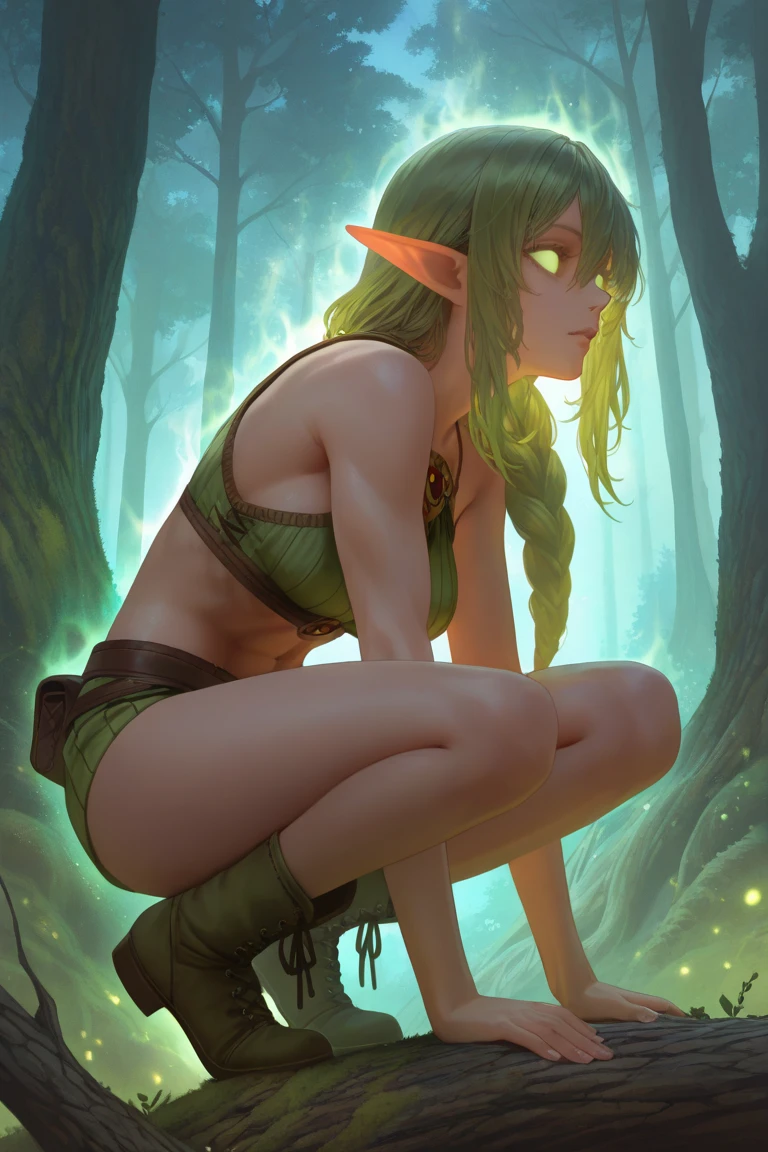A girl,cabellos largos dorados,the elf,pointy ears,A detailed face,roll eyes,Glossy lips,Exquisitehands,Five fingers,,SBG,grab chest,Breast lift,Beautiful curves,potbelly,Wide hips,thick thight,Steel masks,bikini armor,Fantasy armor,Lying in the forest,absurdist,A high resolution,Super sharp,8K,tmasterpiece,View the audience,