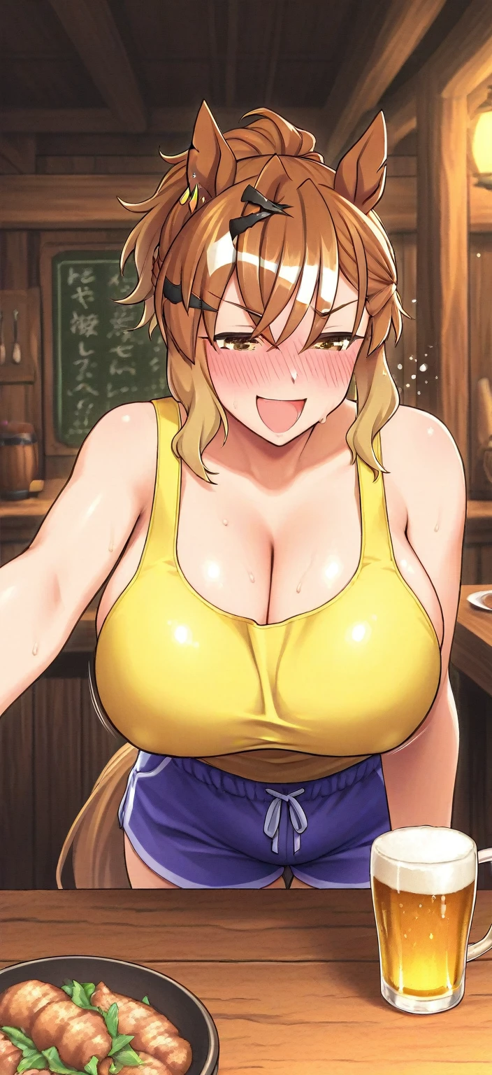 Score_9, score_8_up, score_7_up, score_6_up, score_5_up, score_4_up, source_anime, solo, 1girl, makeup, whore, prostitute, young female, sagging huge breasts, wide hips, thick thighs, BREAK Tomoe gozen, French twist updo hair, knit sweater, bare shoulder, skin tight, huge areolae, areola slip, black areolae, earrings, sitting, restaurant, meals on table, brown eyes, long eyelashes, looking at viewer, pov, crowded, covered nipples, bracelet, seductive smile, collarbone, head tilt, hairy stomach hair, showing hairy armpit hair, sweating, handjob, necklace, hentai atmosphere, magazine cover style, cum shot, penis, bukkake