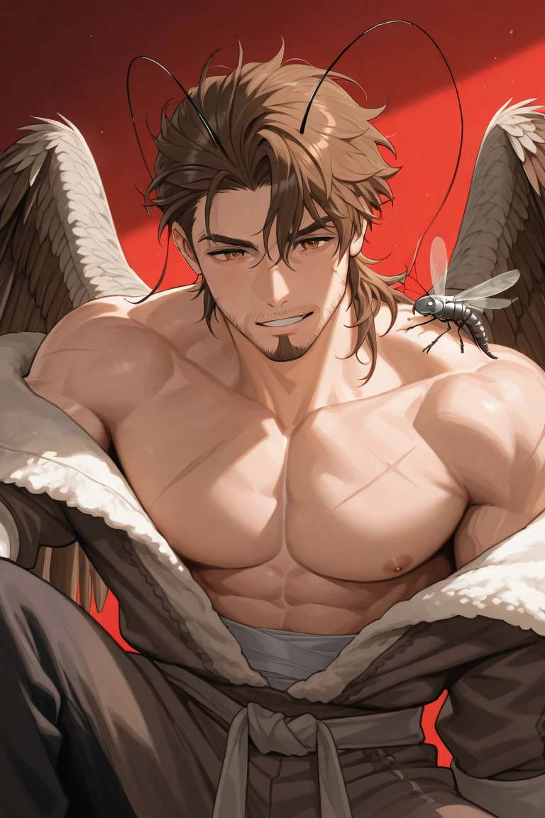 He is a tall and muscular man with dusty brown viking-style hair. His striking yellow cat eyes captivate attention. Notably, he possesses majestic black angel wings, adding to his fascinating aura.
