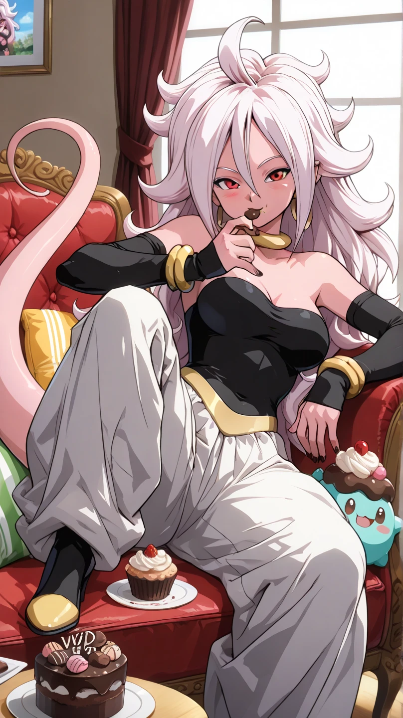 work of art, she is standing, she is showing her side to the camera, sideways to camera, best qualityer, ma21, Black Sclera, Pink skin, top of the tube, bracelet, harem pants, Tailpussy, sitting down, restaurant, body sideways to the viewer, ssmile, furled brow 