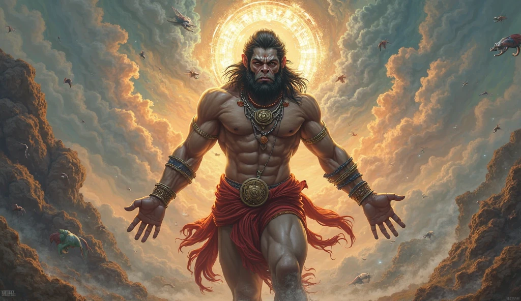 In the foreground, Hanuman, depicted as a powerful, monkey-faced figure with a majestic appearance, is flying towards Ram with a look of devotion and urgency.
