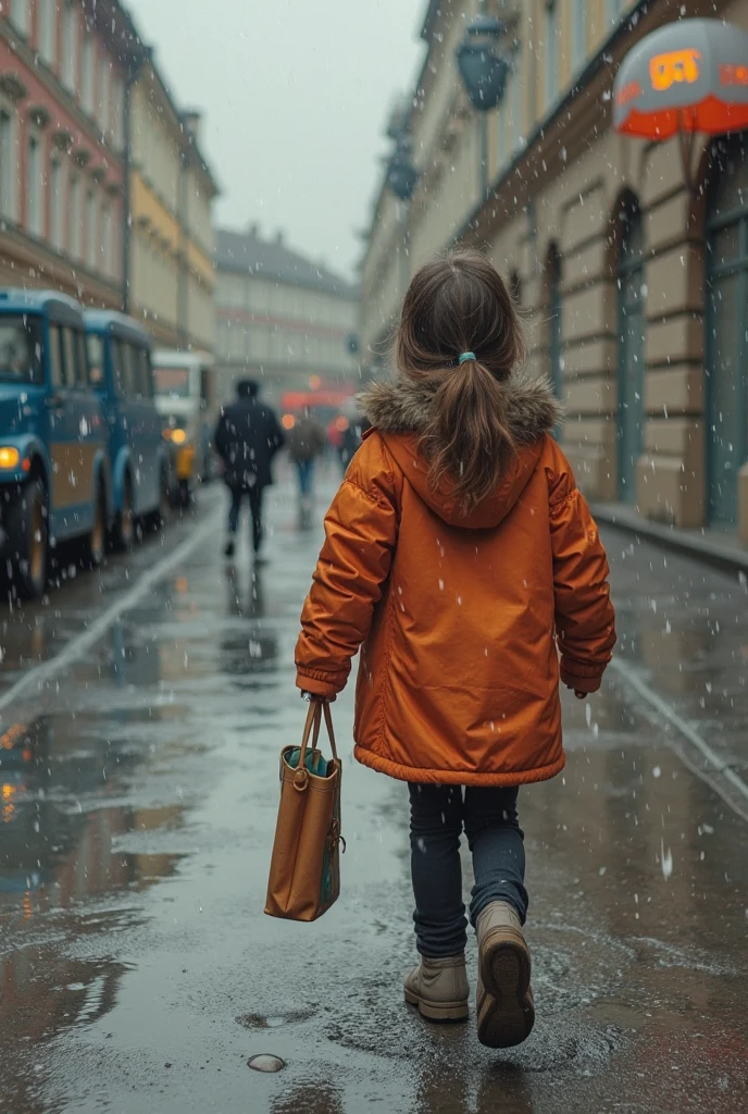A little virgin girl is going to school in the rain