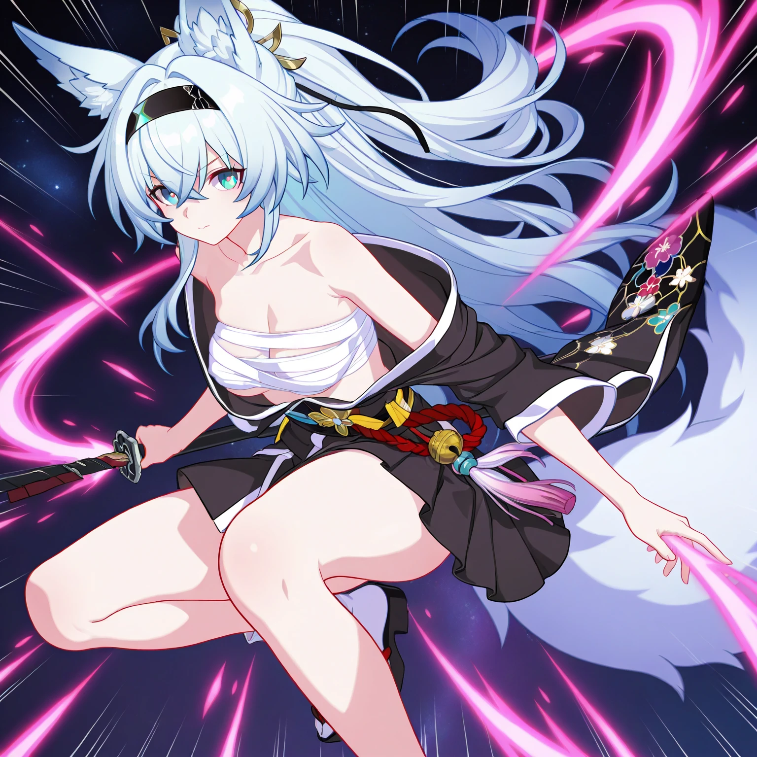 colorful, 1girl, white hair, purple eyes, dual wielding, sword, holding sword, blue flames, glow, glowing weapon, light particles, wallpaper, chromatic aberration,
