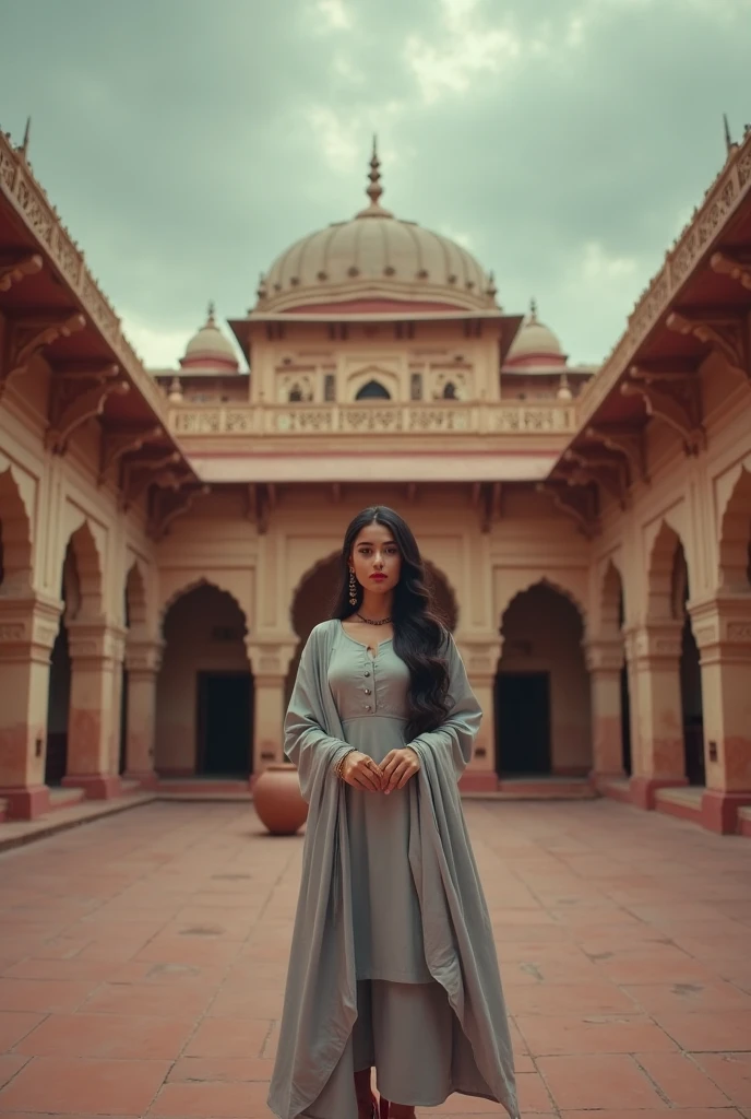 A beautiful girl in saari, infront of Taj Mahal.
