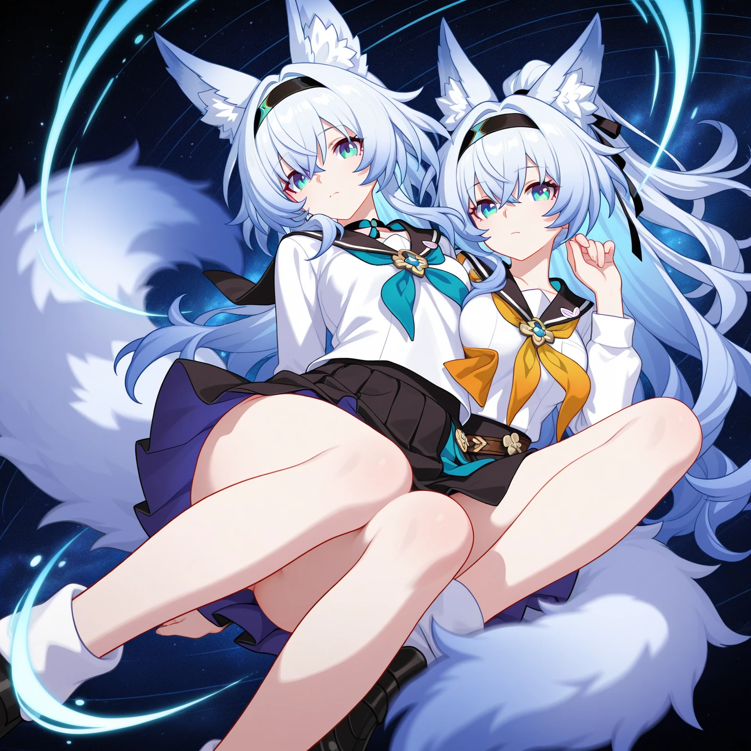 White silk tights,Short skirt,Boots,Lining,coat,White long hair,A cat lady,Loli,small headdress,White, light blue, light pink,Standing,Halo