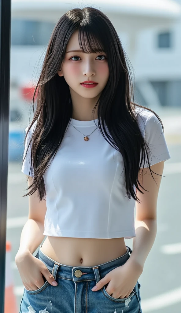Best quality, super detail, masterpiece, fine detail, high resolution, portrait, 8k wallpaper, realistic details, clothing details, skin details, detailed eyes, photoshop \ (medium \), slim body, 1 girl, Japan people, 30 years old, beautiful eyes, bare skin, well-formed face, bangs, blunt bangs, huge, wearing a uniform, (pleasant expression), mouth open, navel visible, close-up, Wearing a short skirt, white skin, long hair, black hair, chest sticking out of a t-shirt, walking on the street, hard breasts, straw hat