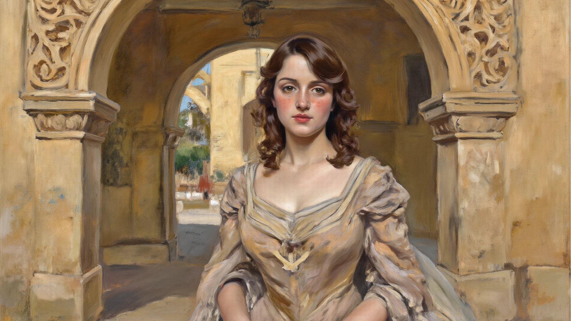 Charcoal and pastel drawing, character (Protagonist (Female; 18; Caucasian; shoulder-length brown hair; fair skin; oval face; yearning expression; brown eyes + almond-shaped; Distinctive Features: faint freckles) photo style “metadata”: realistic style, photorealistic, natural lighting, high detail “consistency”), standing beneath a carved stone archway in a dawn-lit courtyard, her stance open yet concealed by her flowing gown
