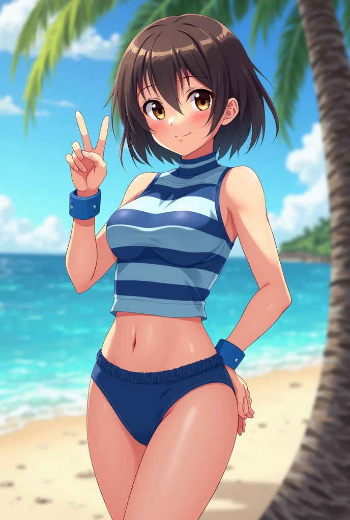 ???, girl, tight swimsuit, beach, cameltoe, Amazing quality, brat, tanned, grin on face, peace sign, Covered in cum
