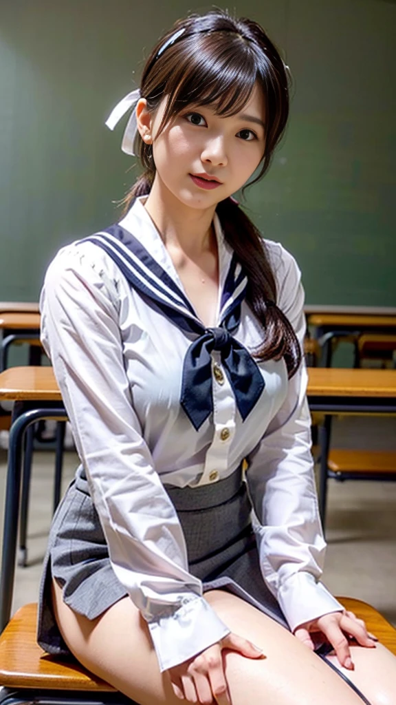  (8K, best quality, masterpiece:1.2), (realistic, photo-realistic:1.37), (high color saturation:1.0),  (highly detailed skin), (highest quality:1.0), (ultra high resolution:1.0) ,(realistic:1.0), (Super detailed:1.0), (8K, Raw photo:1.1)、standing random pose, smiling, natural breast, perfect lighting, ((3girls students)), 18years old, (mysterious), clear and detailed, ((school_uniform, Japanese sailor uniform, flared skirt)), (classroom), cute face, (no panties),