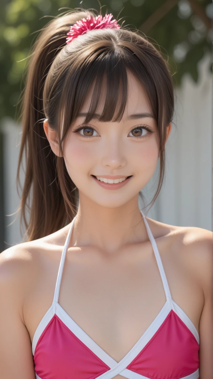 (8K, 4K, highest quality, High resolution, 超High resolution:1.1), (masterpiece, realistic, photo-realistic:1.1),Japan gravure idol,1 person,ponytail,brown hair,toned body,Bust 82cm,Waist 56cm,Hips 80cm,smile(The corners of the mouth are raised),naked,White socks,beach,Yes