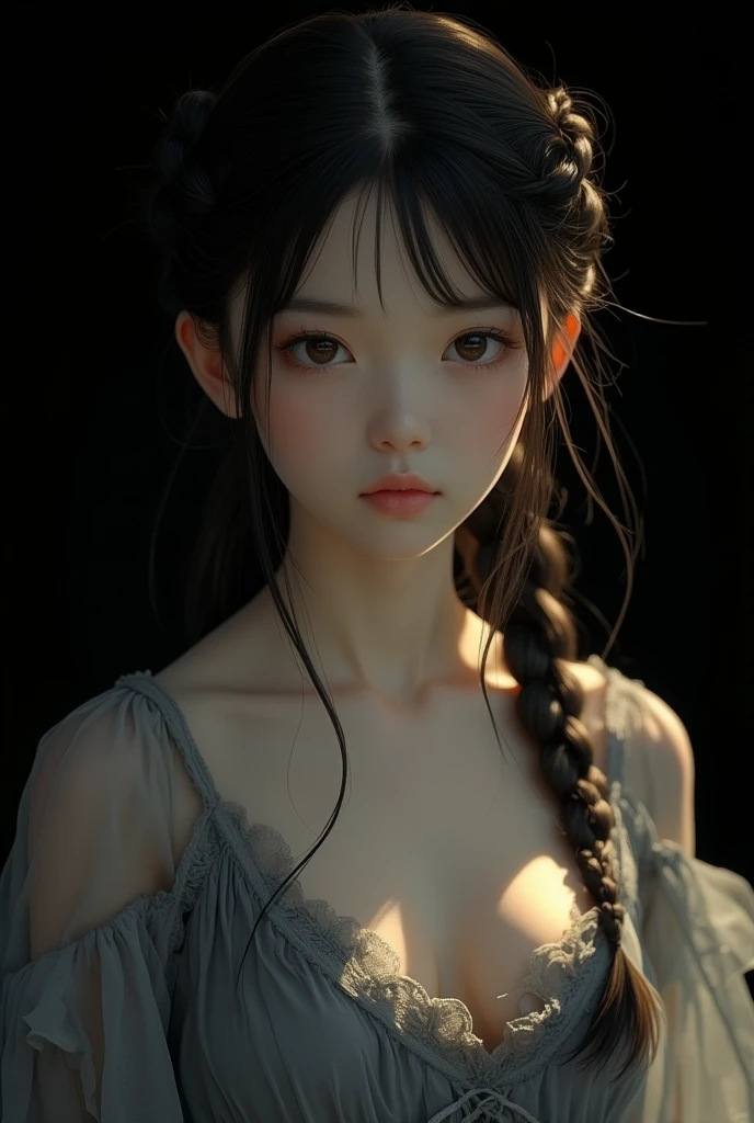 ((masterpiece, best quality)), (1 Girl), (Solitary), (Women's Focus), night (Chainsaw Man),(Very rich facial details, Real images, Realistic white skin, Realistic body, Intricate details), Upper Body, Serious , Brown eyes, Looking at the audience, bandage over the body, Black Hair, Long-sleeved shirt, Apron Dress, Black tie, bandage, bandage, Small Breasts